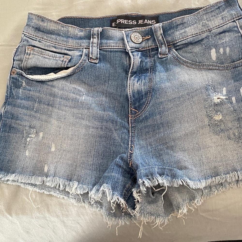 Express Women's Light Blue Frayed Denim Shorts